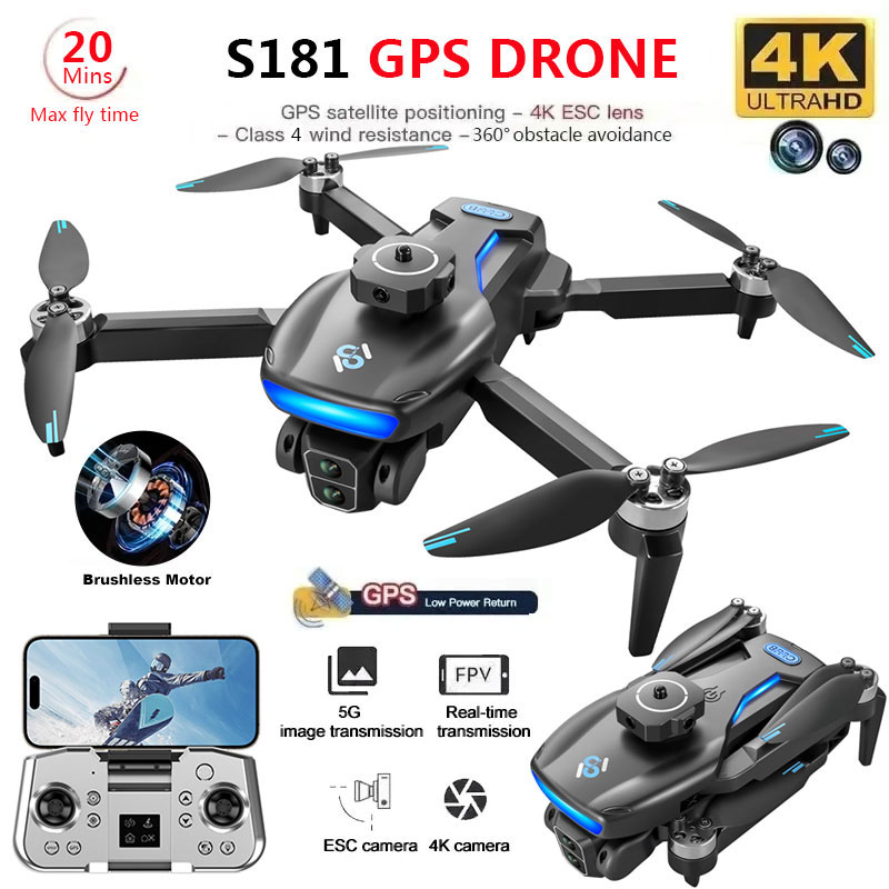 Drone Camera Wide Angle - โดรน S181จีพีเอส4K กล้อง HD คู่มืออาชีพ5G โดรนสี่ใบพัดแบบไร้แปรงถ่านพับได้โดรน1.2กม.